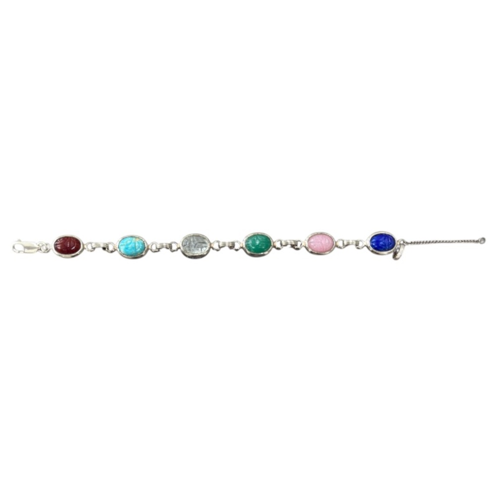 Vintage Scarab Bracelet Silver Retro Jewelry 60s MCM Carved Multicolor Stones - Picture 6 of 12